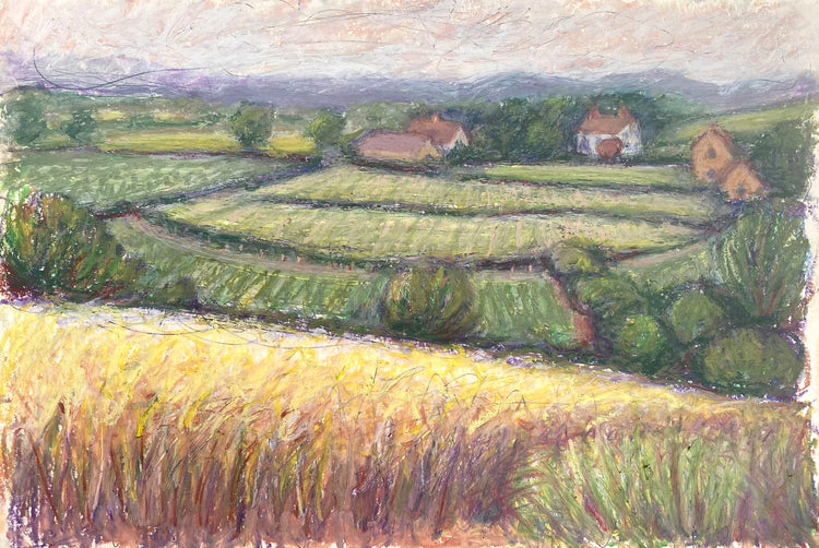 Drawing in watercolour pastel of Eaton Mascot Hall with sheep in Winter